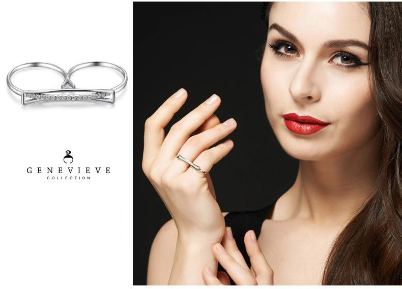 18k Gold Diamond Bar Curved Double Ring - Genevieve Collection