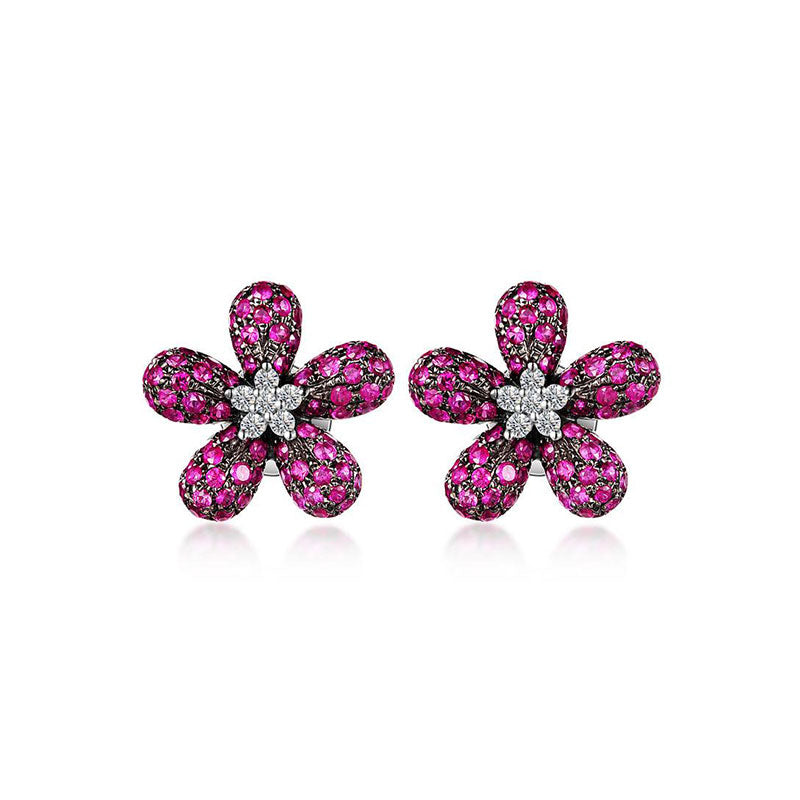 18k Gold Ruby Rohdium Flower Earring - Genevieve Collection