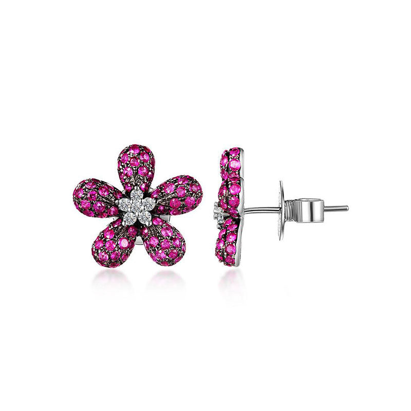 18k Gold Ruby Rohdium Flower Earring - Genevieve Collection