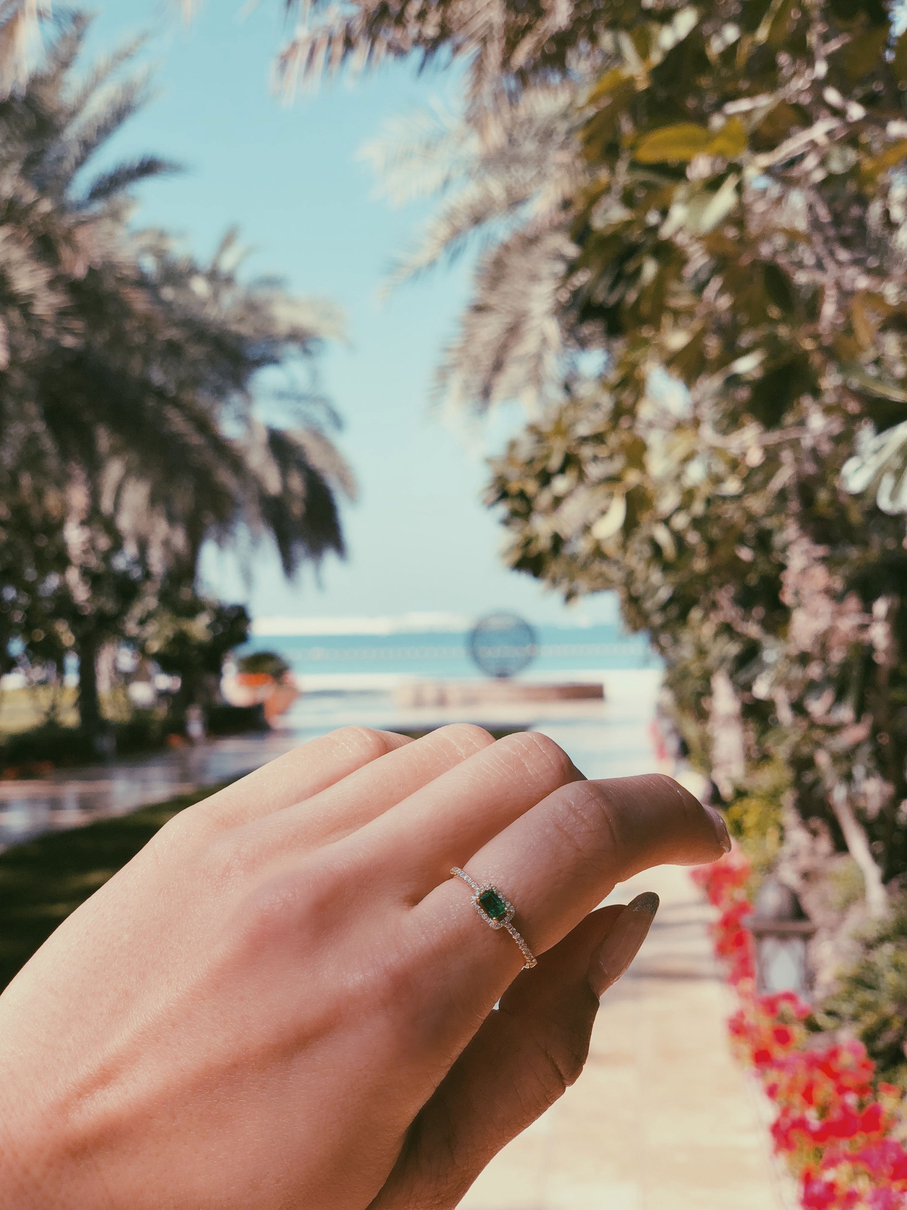 18k Gold Rectangle Shape Emerald Ring Surrounded by Diamond - Genevieve Collection