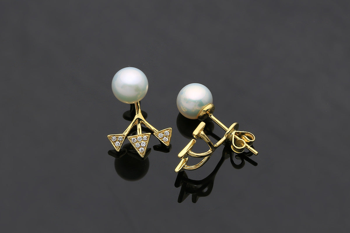 18k Gold Pearl With Triangle Ear Jacket Earring - Genevieve Collection