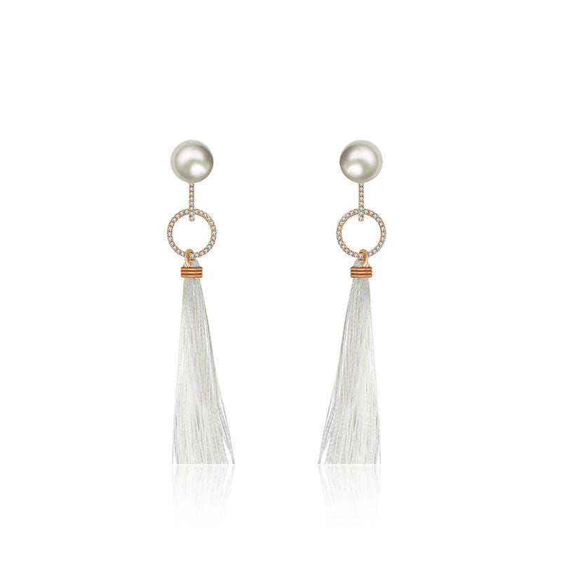 18k Gold Round Shape Tassel Diamond Earring With Pearl - Genevieve Collection