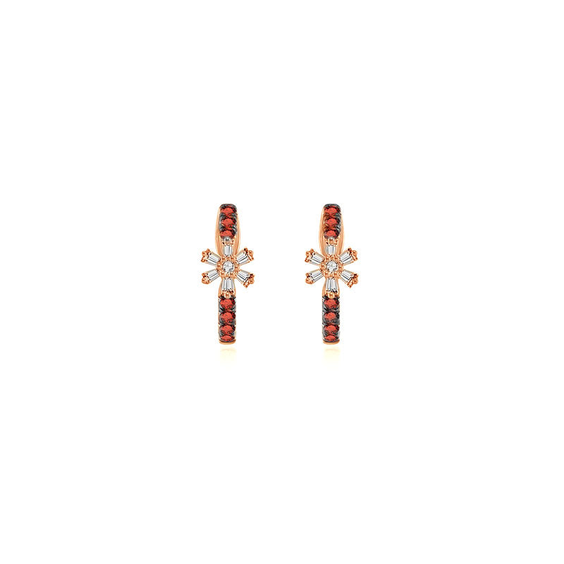 18k Gold Hoop Diamond And Ruby Earring with Flower Pattern - Genevieve Collection