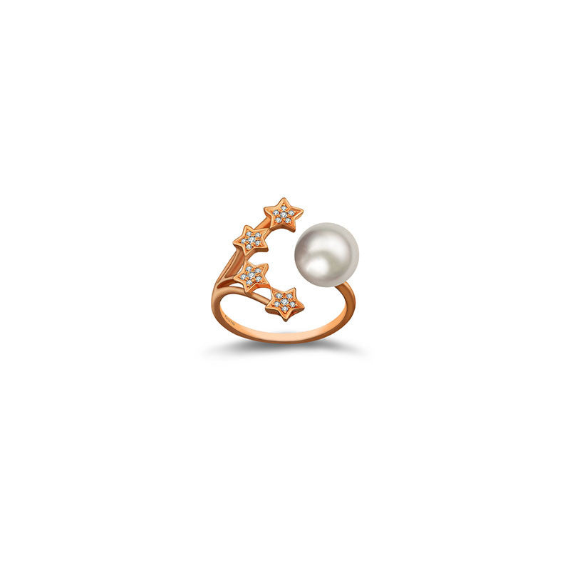 18k Gold Quadruple Star Open Diamond Ring With Pearl - Genevieve Collection