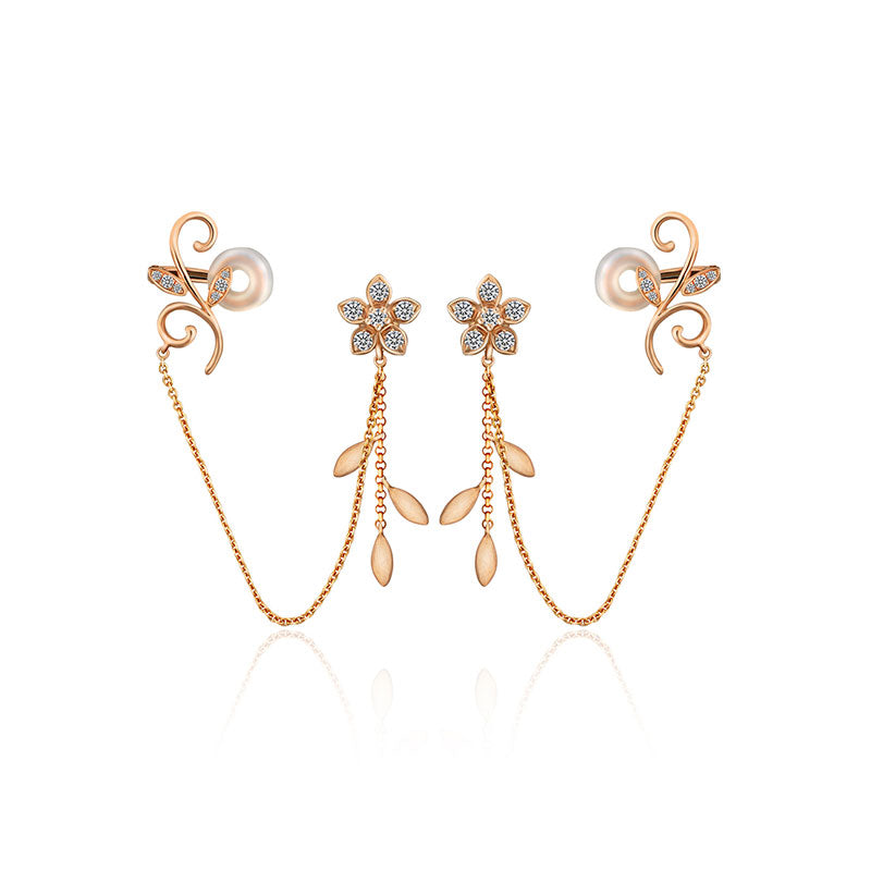 18k Gold Flower Shape with Chain Diamond Ear Cuff & Earring - Genevieve Collection