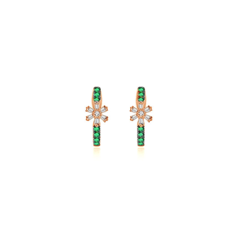 18k Gold Hoop Diamond And Emerald Earring with Flower Pattern - Genevieve Collection