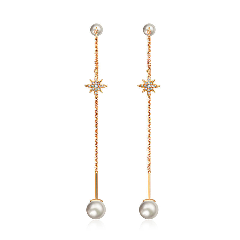 18k Gold Star Shape Chain Diamond Earring With Pearl - Genevieve Collection