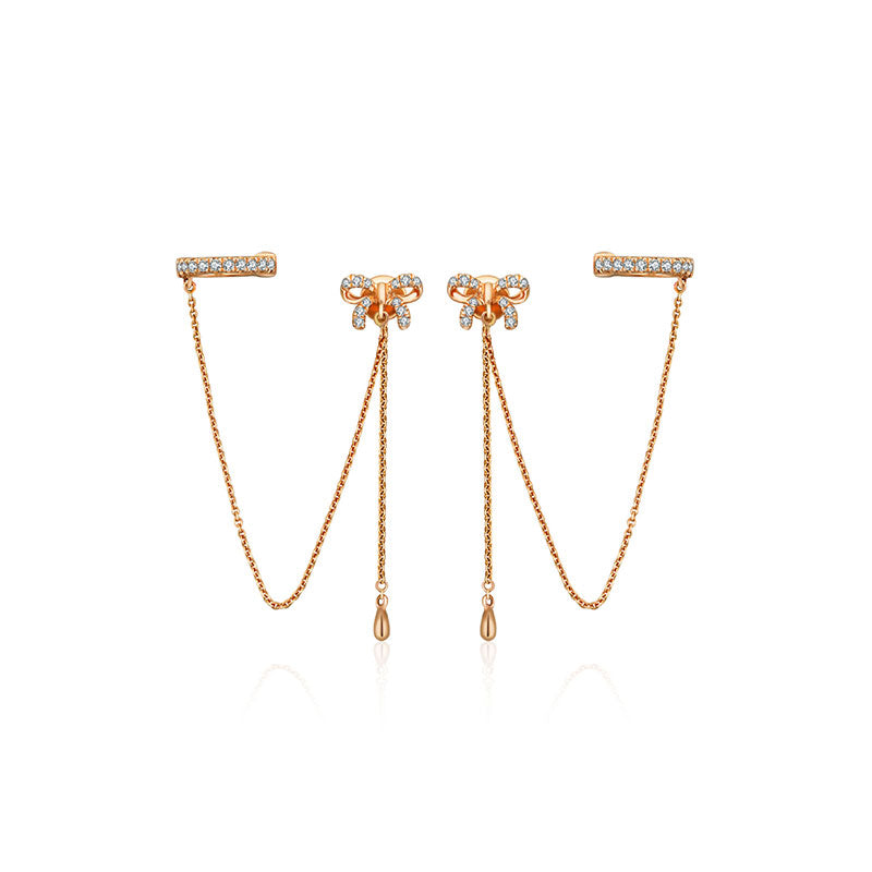 18k Gold Ribbon Shape with Chain Diamond Ear Cuff & Earring - Genevieve Collection