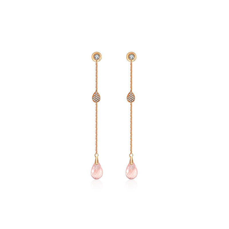 18k Gold Pink Quartz Chain Diamond Earring - Genevieve Collection