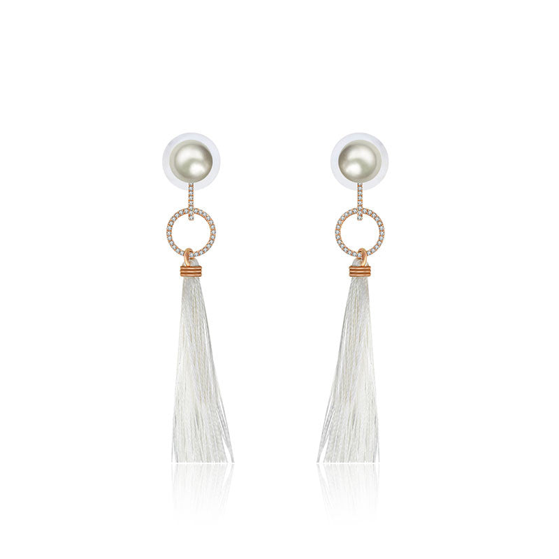 18k Gold Round Shape Tassel Diamond Earring With Pearl - Genevieve Collection