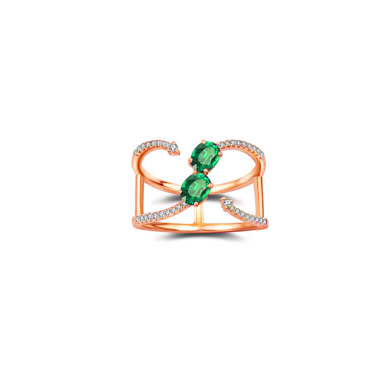 18k Gold Double Emerald Connected Diamond Ring - Genevieve Collection