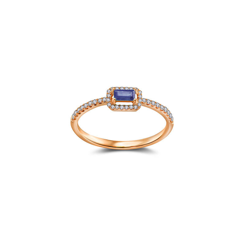 18k Gold Rectangle Shape Sapphire Ring Surrounded by Diamond - Genevieve Collection