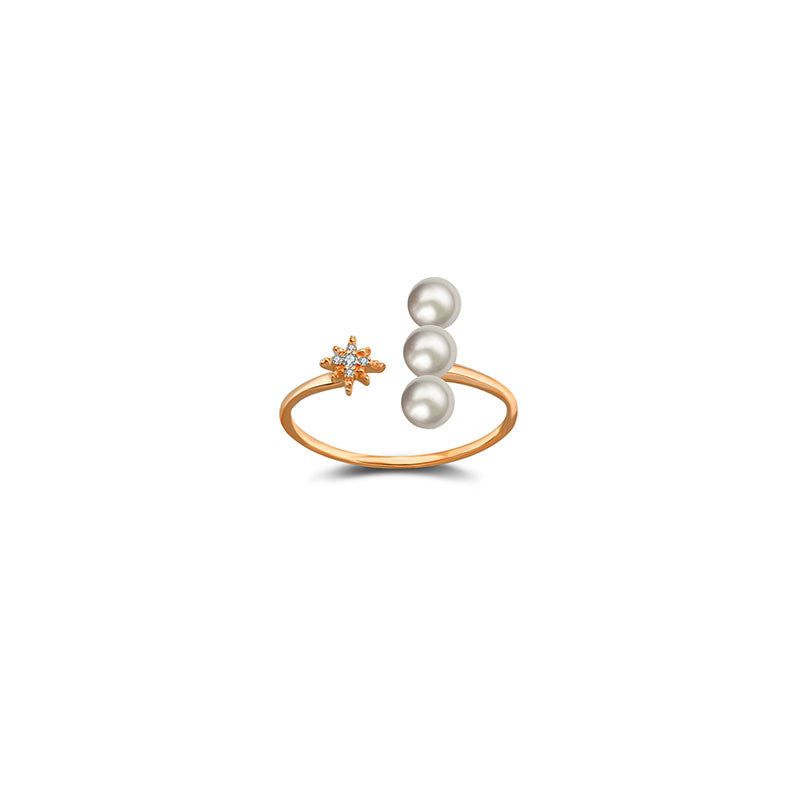 18k Gold Star Open Diamond Ring With Pearl - Genevieve Collection