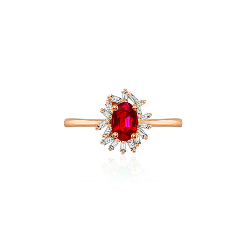 18k Gold Ruby Ring Surrounded by Irregular Shape Diamond - Genevieve Collection