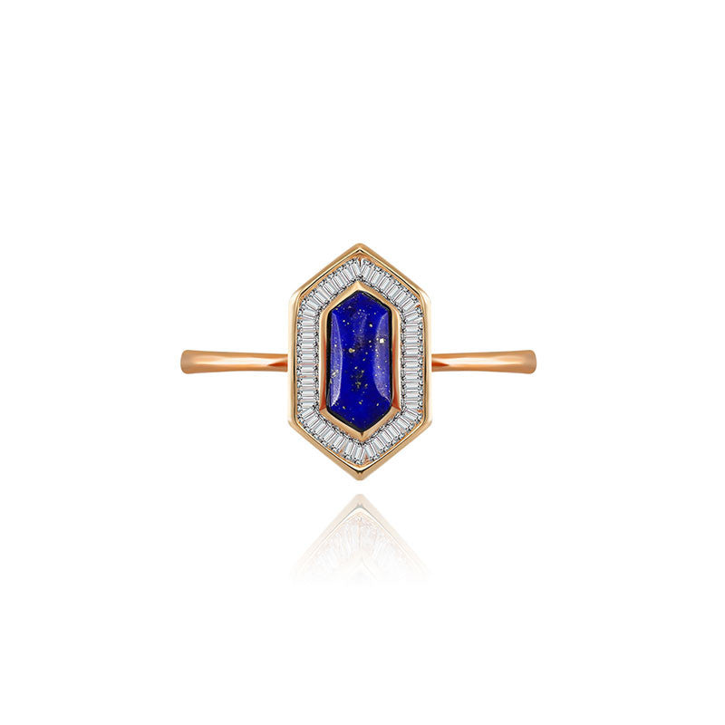 18k Gold Hexagonal Shape Lapis Diamond Ring - Genevieve Collection