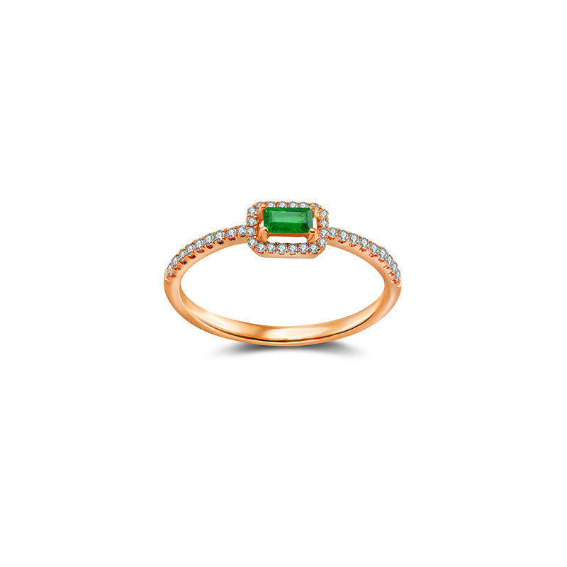 18k Gold Rectangle Shape Emerald Ring Surrounded by Diamond - Genevieve Collection