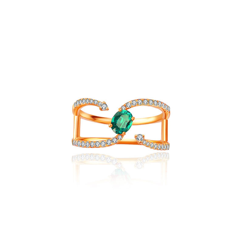 18k Gold Single Emerald Connected Diamond Ring - Genevieve Collection