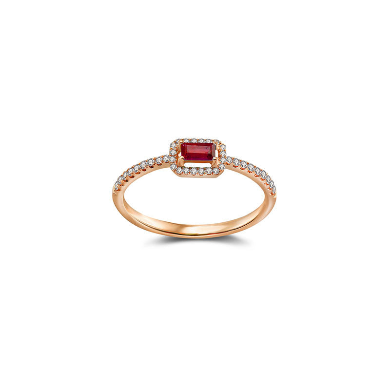 18k Gold Rectangle Shape Ruby Ring Surrounded by Diamond - Genevieve Collection
