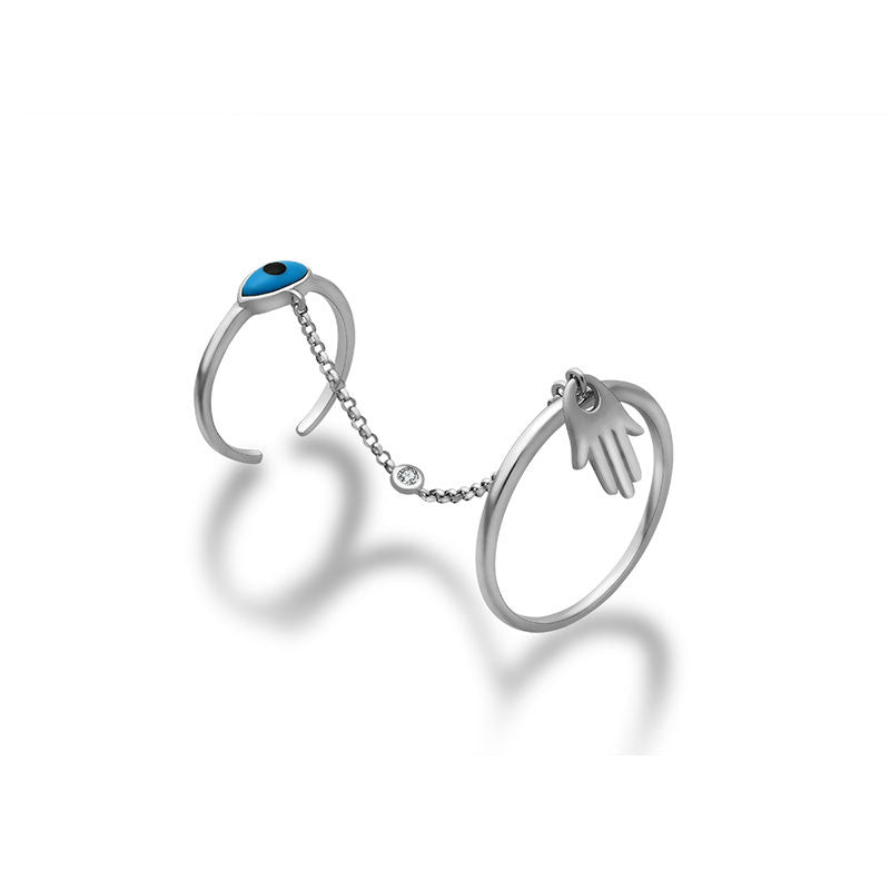 18k Gold Evil Eye Chain Connection Ring - Genevieve Collection