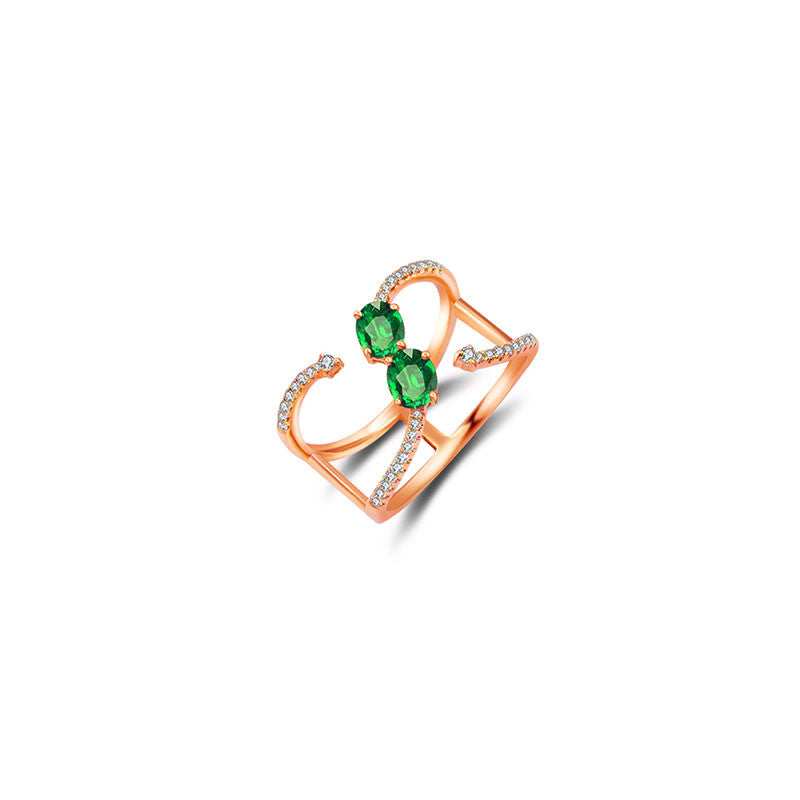 18k Gold Double Emerald Connected Diamond Ring - Genevieve Collection