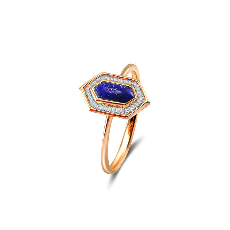 18k Gold Hexagonal Shape Lapis Diamond Ring - Genevieve Collection