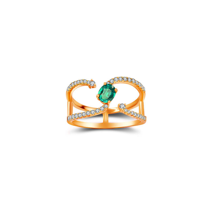 18k Gold Single Emerald Connected Diamond Ring - Genevieve Collection