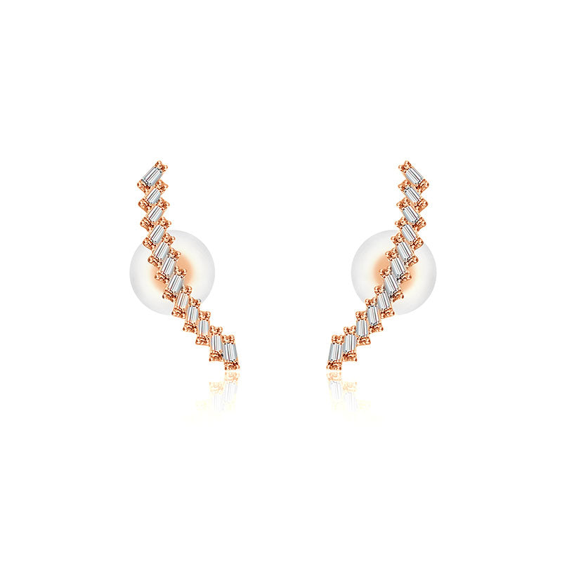 18k Gold Curve Line with Rectangle Diamond Earring - Genevieve Collection