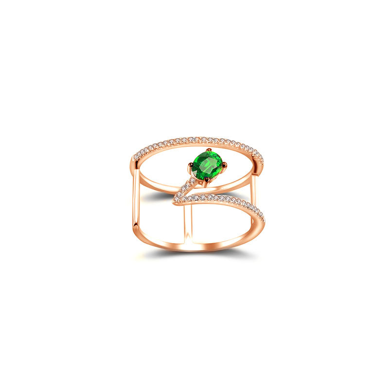 18k Gold Diamond Double Ring with Emerald - Genevieve Collection