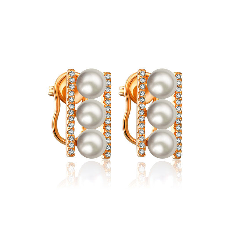 18k Gold Pearl Diamond Earring in Line Order - Genevieve Collection