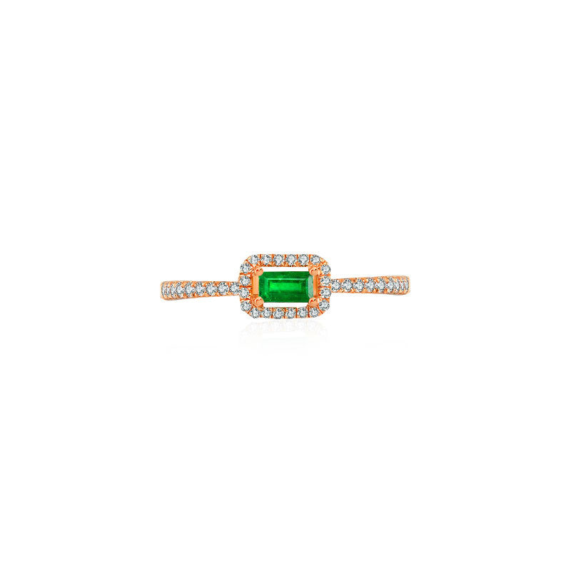 18k Gold Rectangle Shape Emerald Ring Surrounded by Diamond - Genevieve Collection
