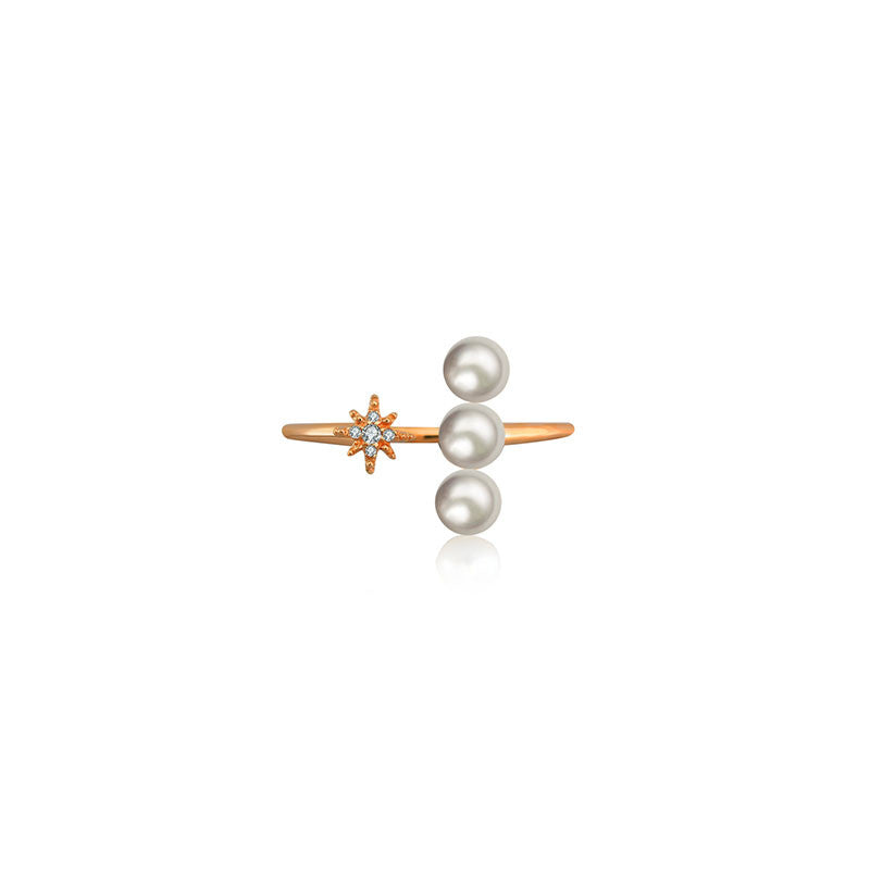 18k Gold Star Open Diamond Ring With Pearl - Genevieve Collection