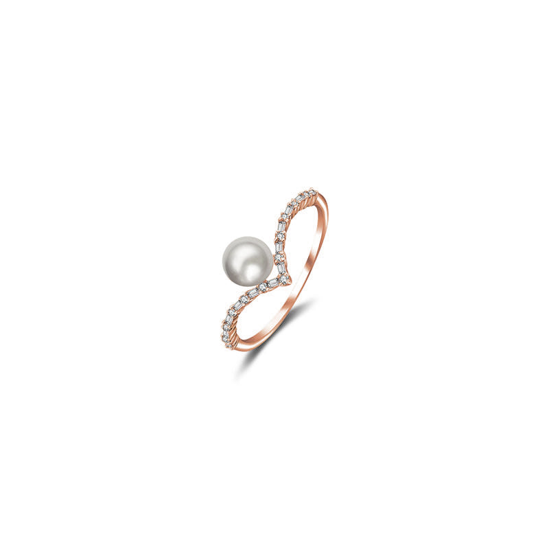 18k Gold Double Curve Diamond Ring With Pearl - Genevieve Collection