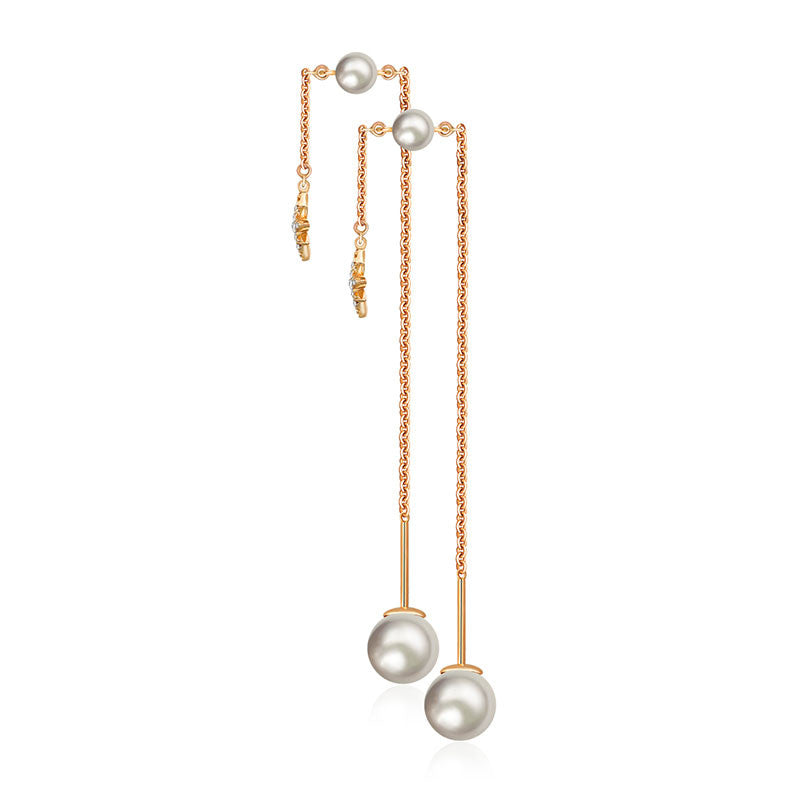 18k Gold Star Shape Chain Diamond Earring With Pearl - Genevieve Collection