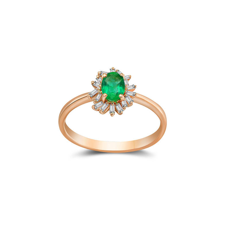 18k Gold Emerald Ring Surrounded by Irregular Shape Diamond - Genevieve Collection