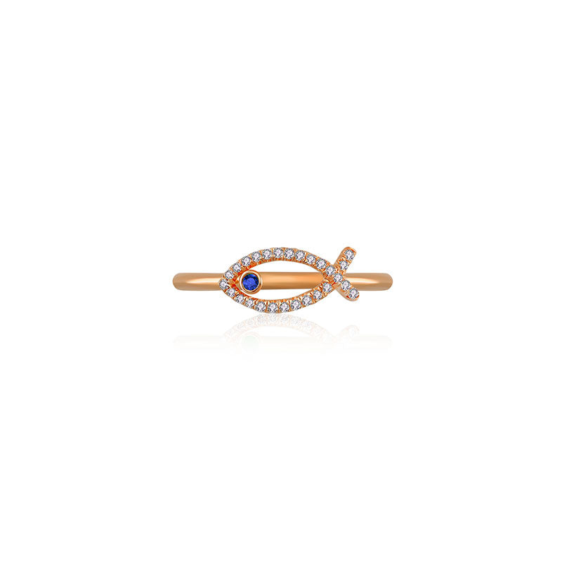 18k Gold Fish Shape Diamond Ring with Sapphire - Genevieve Collection