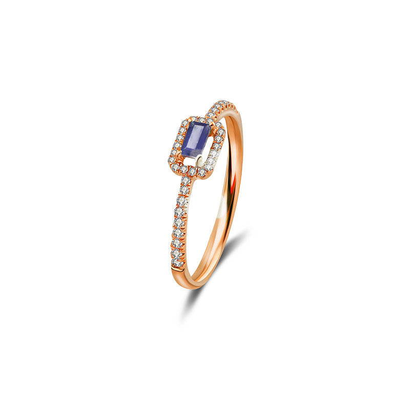 18k Gold Rectangle Shape Sapphire Ring Surrounded by Diamond - Genevieve Collection