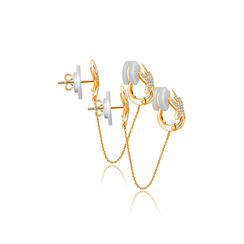 18k Gold Leaf Shape with Chain Diamond Ear Cuff & Earring - Genevieve Collection