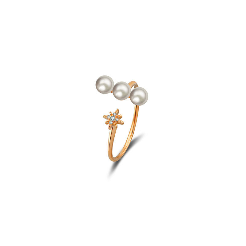 18k Gold Star Open Diamond Ring With Pearl - Genevieve Collection
