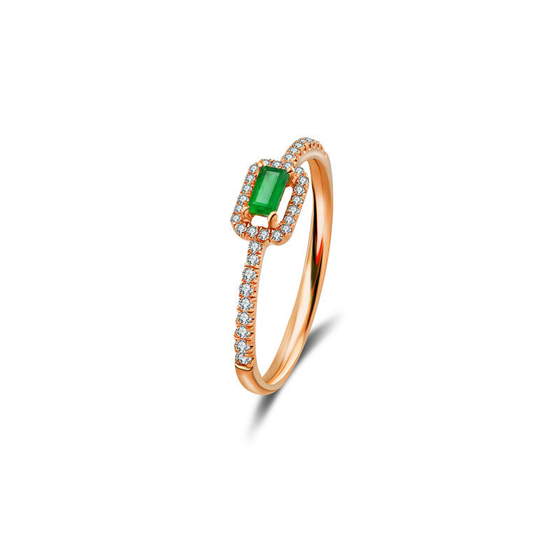 18k Gold Rectangle Shape Emerald Ring Surrounded by Diamond - Genevieve Collection