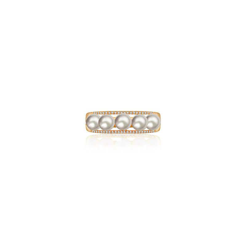 18k Gold Double Line Diamond Ring With Pearl - Genevieve Collection