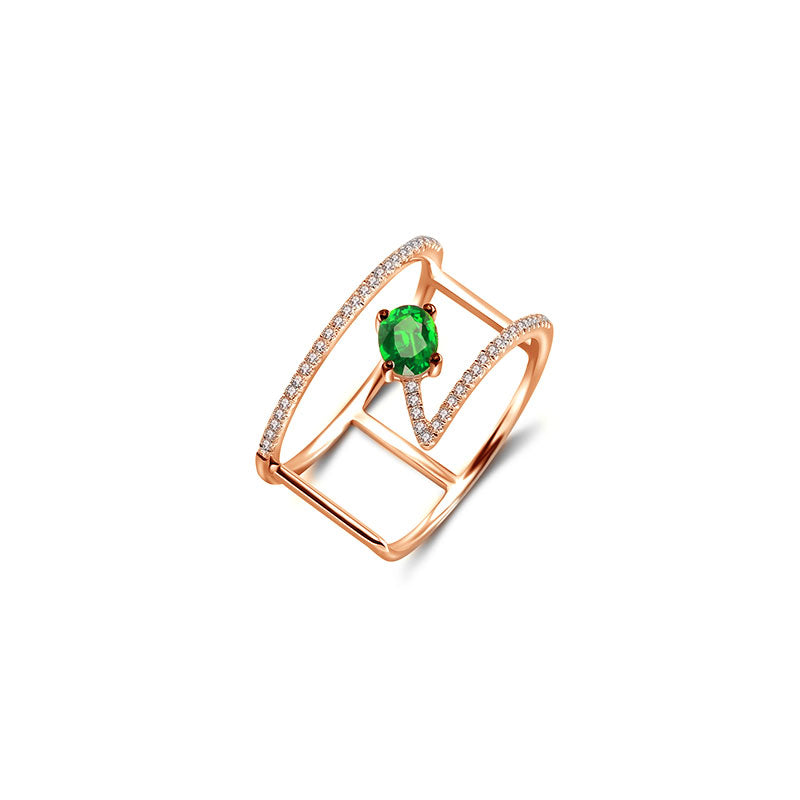 18k Gold Diamond Double Ring with Emerald - Genevieve Collection