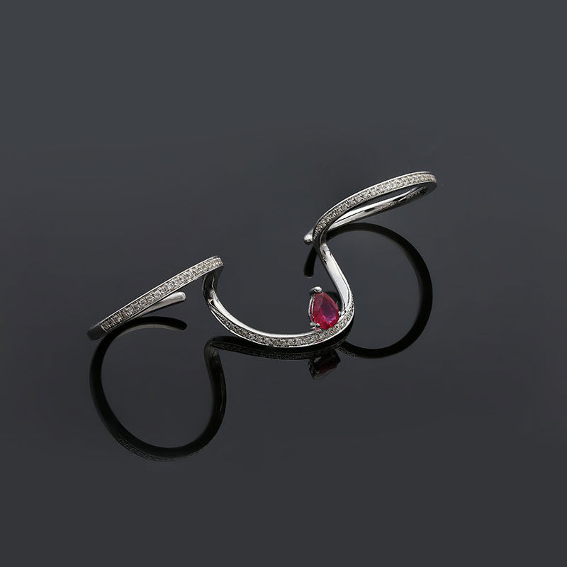 18k Gold Drop Ruby Triple Ring - Genevieve Collection