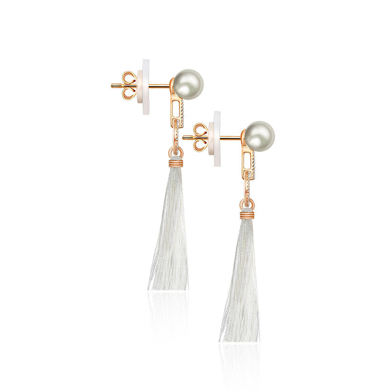 18k Gold Round Shape Tassel Diamond Earring With Pearl - Genevieve Collection