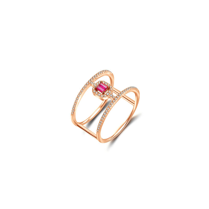 18k Gold Double Line Shape Ring with Ruby - Genevieve Collection