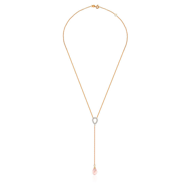 18k Gold Pink Quartz Chain Diamond Necklace With Drop Shape - Genevieve Collection