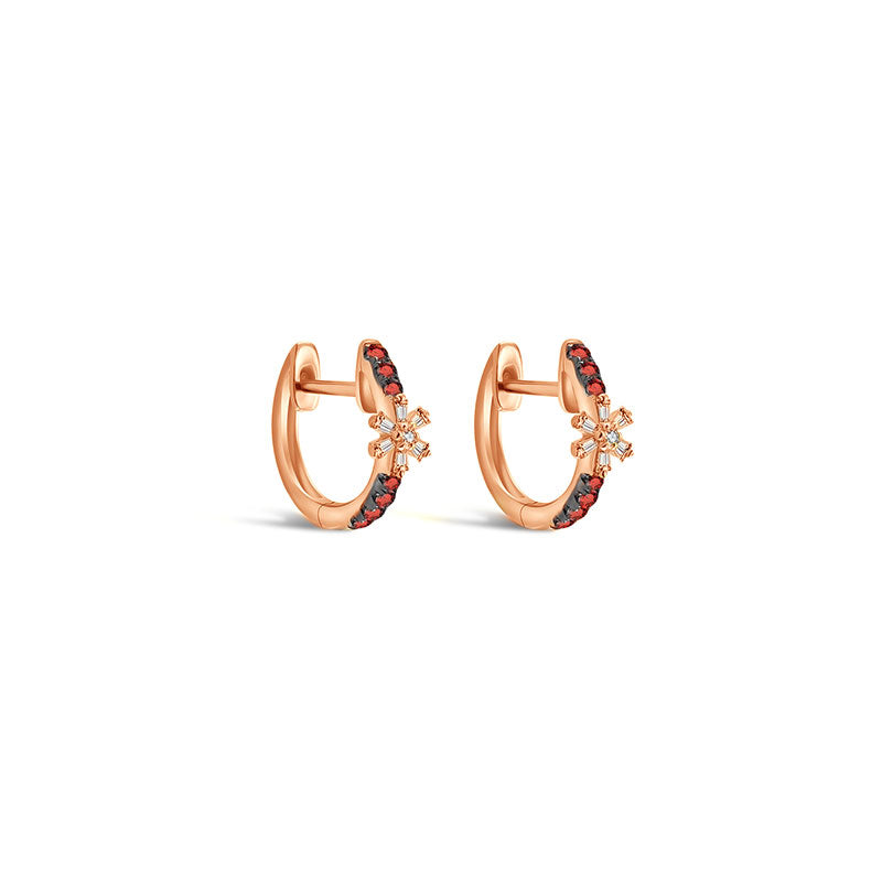 18k Gold Hoop Diamond And Ruby Earring with Flower Pattern - Genevieve Collection