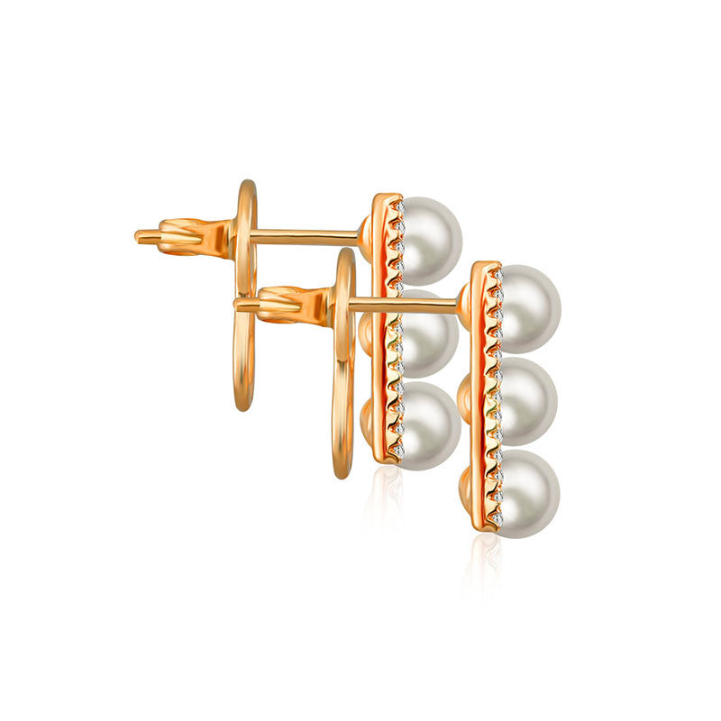 18k Gold Pearl Diamond Earring in Line Order - Genevieve Collection