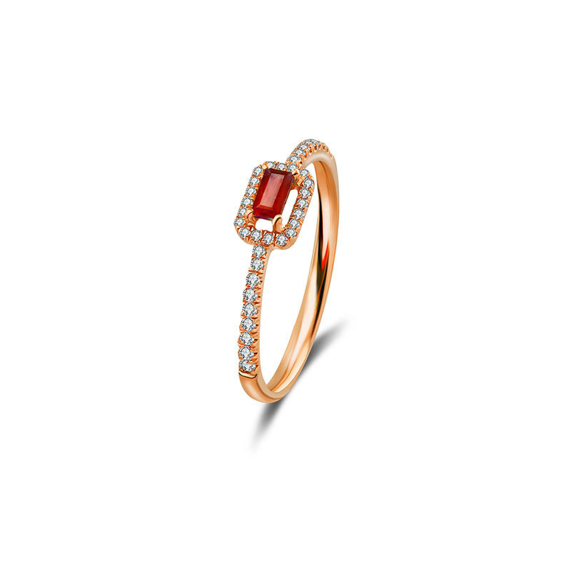 18k Gold Rectangle Shape Ruby Ring Surrounded by Diamond - Genevieve Collection