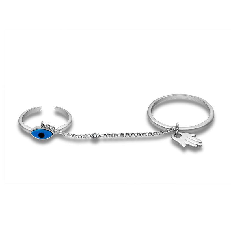18k Gold Evil Eye Chain Connection Ring - Genevieve Collection