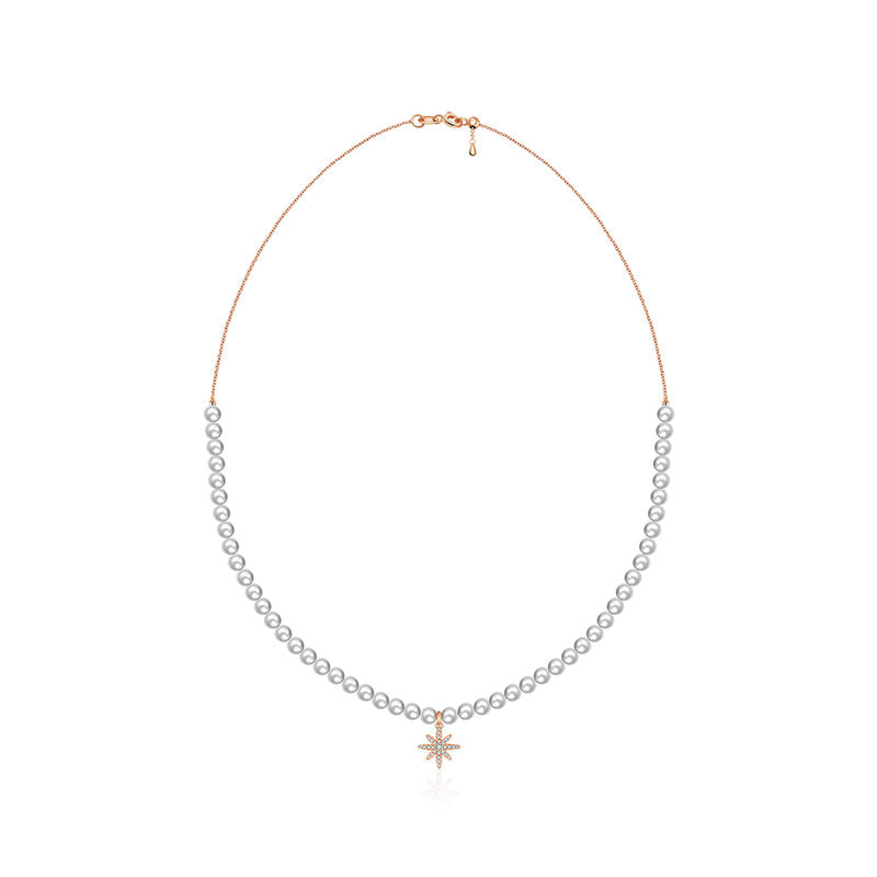 18k Gold Star Shape Diamond & Pearl Necklace - Genevieve Collection